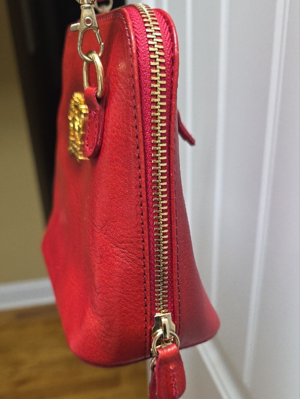 Red Leather Crossbody Bag with Gold Crest Accent - Picture 3 of 8